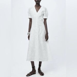 Zara ZW Collection White Embroidered Eyelet Midi Dress.